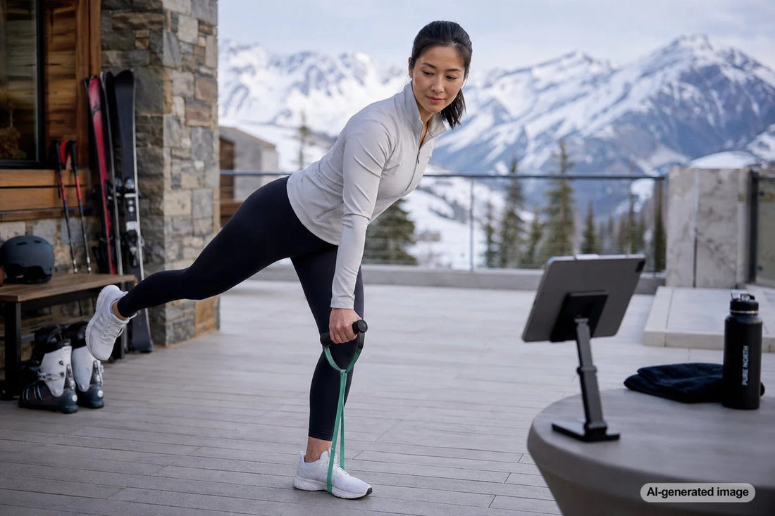 Skier using strong, controlled leg positioning on a snowy slope