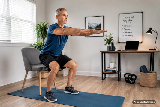 Man and woman entering their 70s practicing basic strength training exercises