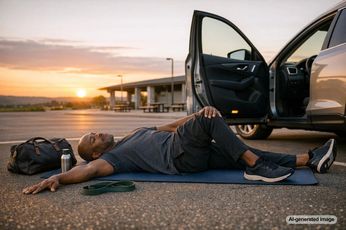 Person stretching near a car during a road trip