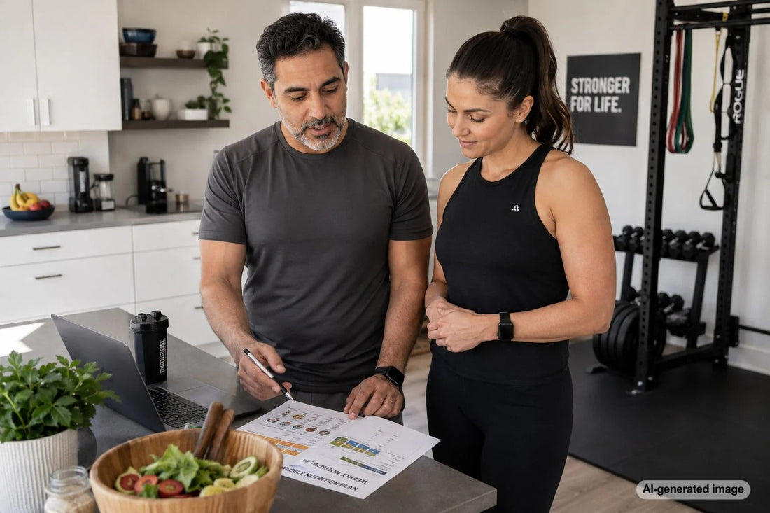 Busy professional strength training with personal trainer guidance
