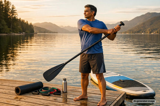 Person stand up paddleboarding on open water