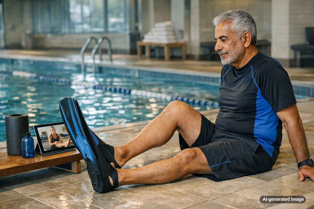 Swimmer using fins in the water during ankle mobility focused swim training