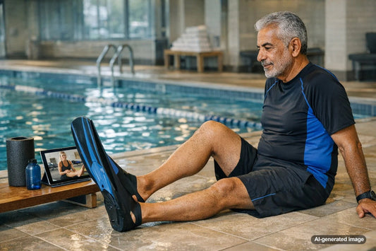 Swimmer using fins in the water during ankle mobility focused swim training