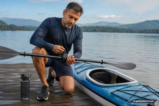 Kayaker paddling on the water with focus on grip and forearm strength