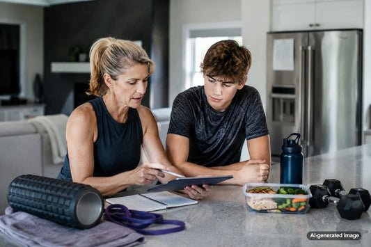 Teen learning safe strength training technique with a personal trainer