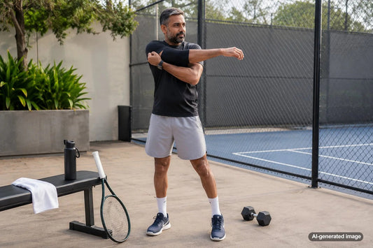 Adult tennis player staying loose between matches with light court-side mobility