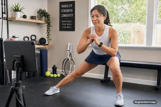 Tennis player moving on court with strong lower body positioning