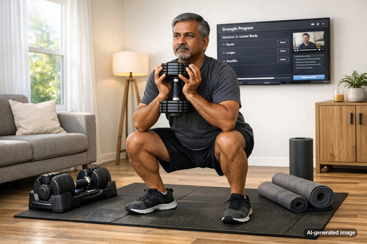 Adjustable dumbbells in a compact home workout space