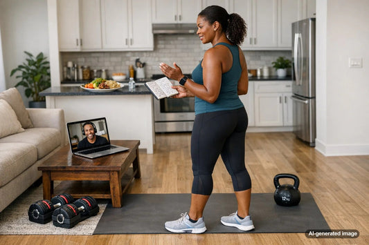 Adult reviewing an online coaching plan for fitness accountability