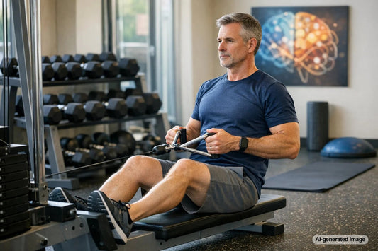 Man performing a strength training exercise with dumbbells