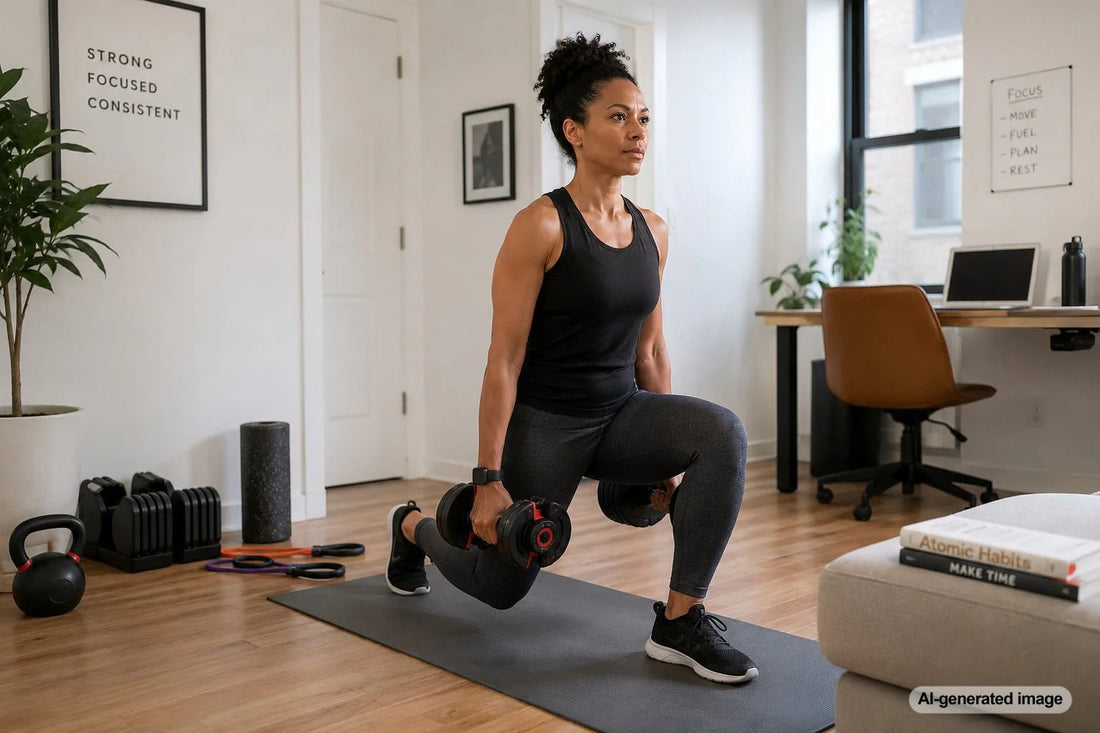 Busy professional training at home with compact strength equipment