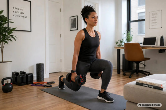 Busy professional training at home with compact strength equipment