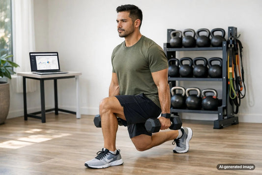 Adult performing a strength and mobility exercise in a gym