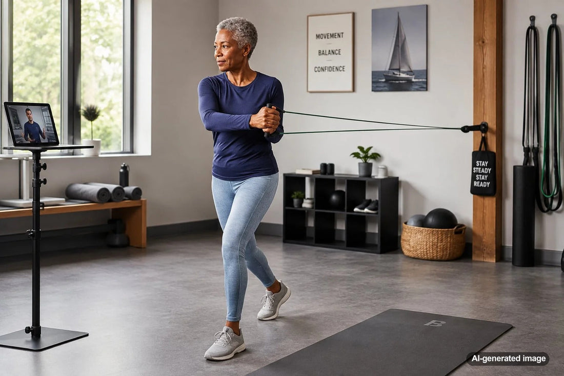 Adult practicing balance and stability exercises for moving safely on a boat
