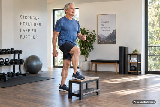 Adult practicing controlled stair climbing without relying on the handrail