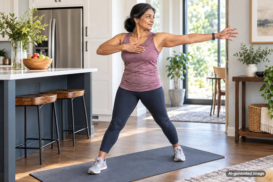 Adult practicing reach and rotational mobility exercises