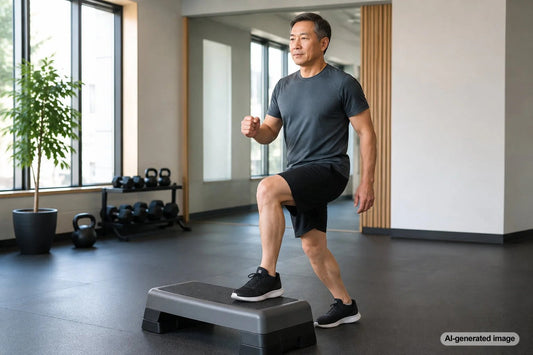 Adult practicing a supported single-leg balance exercise