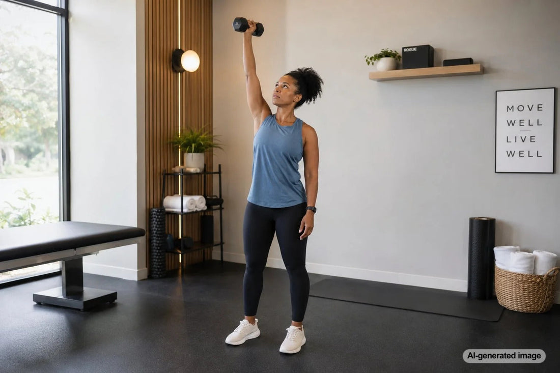 Woman practicing a controlled overhead reach in a fitness studio