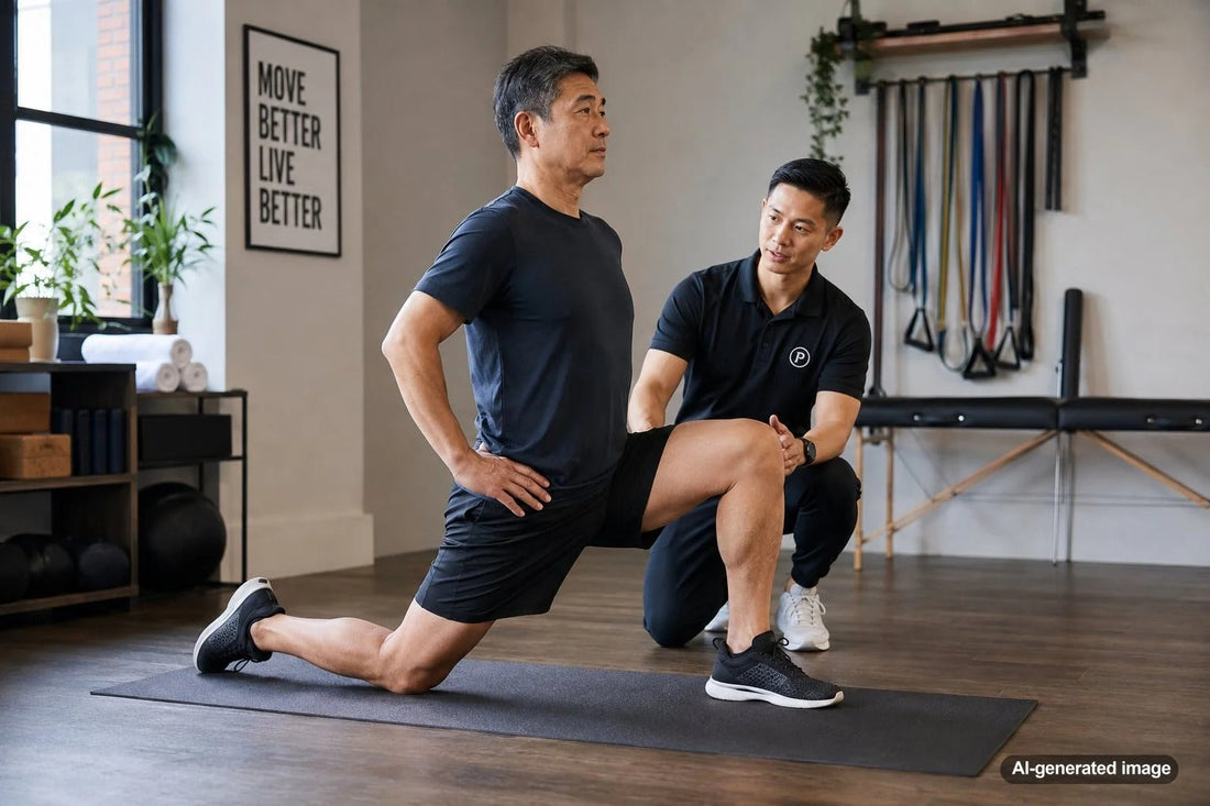 Adult performing hip mobility exercises to relieve stiffness from sitting