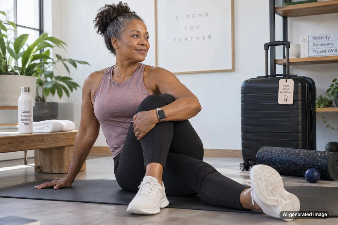 Adult performing mobility exercises before a long flight