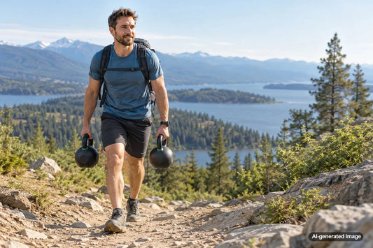 Hiker training for a hiking vacation on an outdoor trail