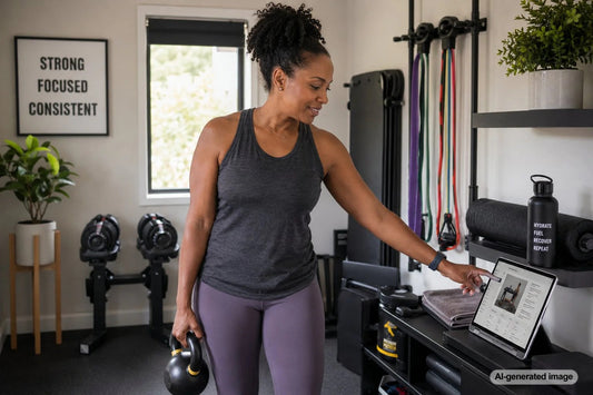 Compact home gym setup with minimal fitness equipment for strength and mobility training