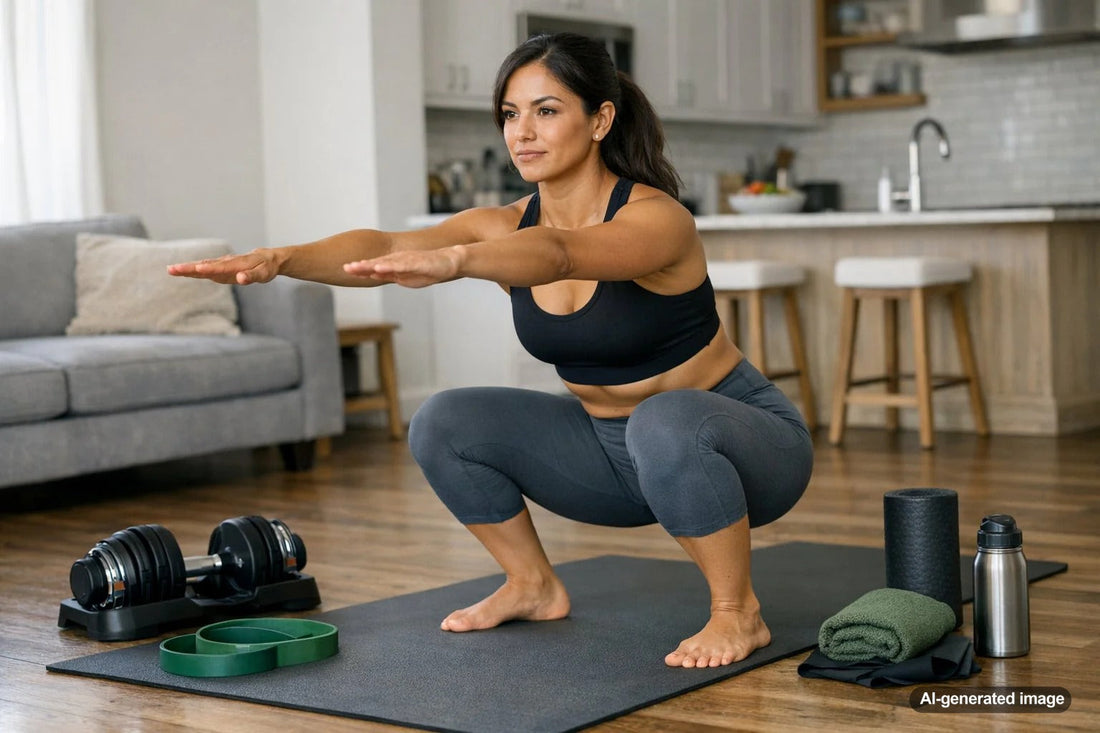 Adult doing a home strength workout with weights