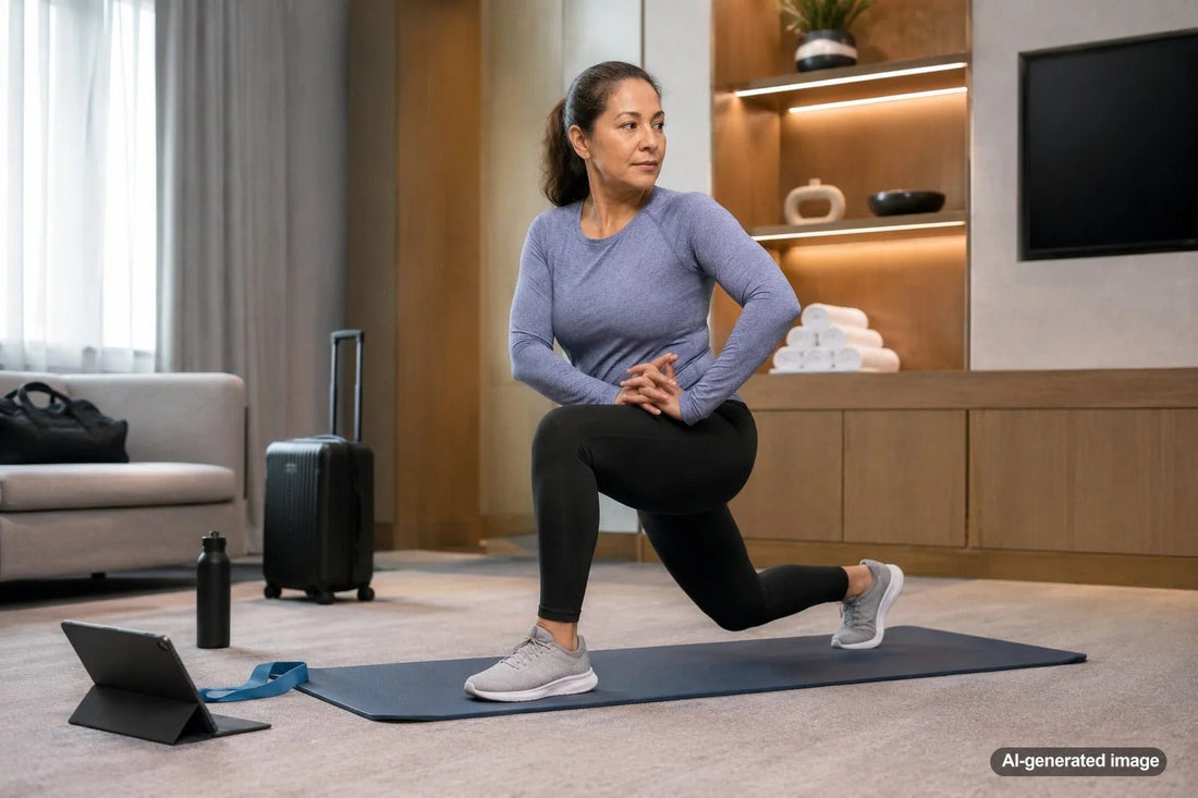 Business traveler performing a mobility routine during a work trip