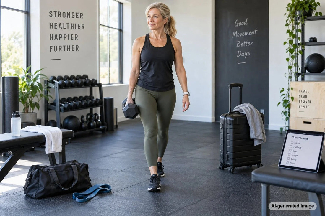 Business traveler completing a strength workout while away from home