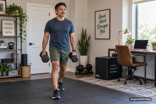 Remote worker over 50 performing a home strength workout