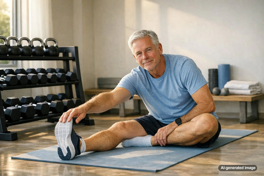 Adult restarting a health and fitness routine with strength training and mobility work