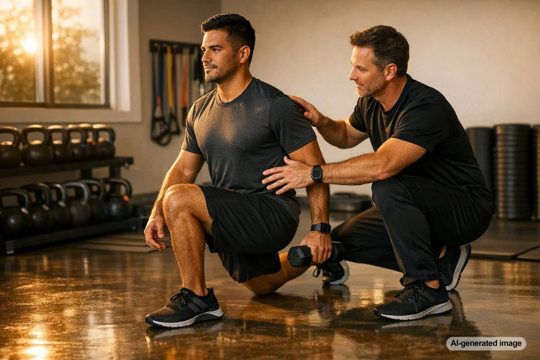 Adult performing controlled strength training for longevity and injury prevention