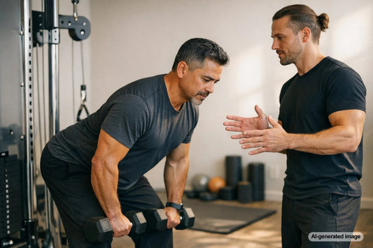 Adult performing controlled strength training for back-friendly fitness