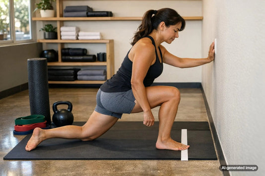 Coach assisting an adult with ankle mobility and knee-aligned lower-body movement