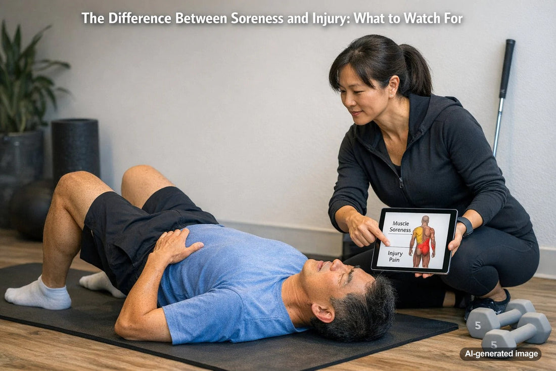 Person stretching and assessing post-workout muscle soreness