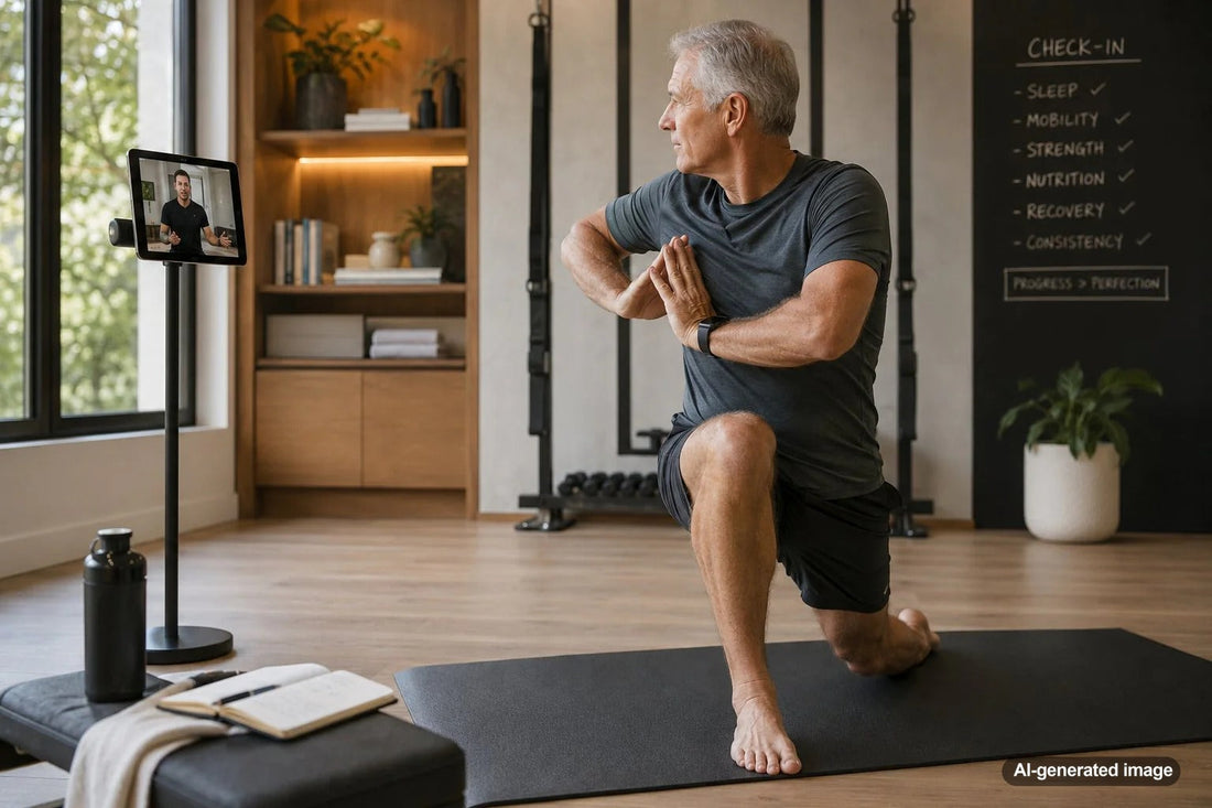 Adult reviewing a high-performance fitness routine with accountability support