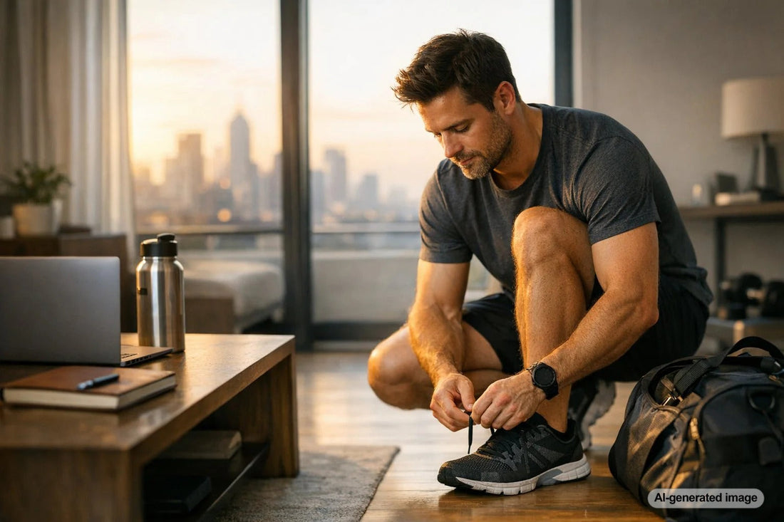Focused adult reviewing fitness habits in a calm training setting