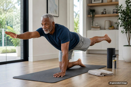 Adult practicing balanced posture alignment during a strength and mobility session