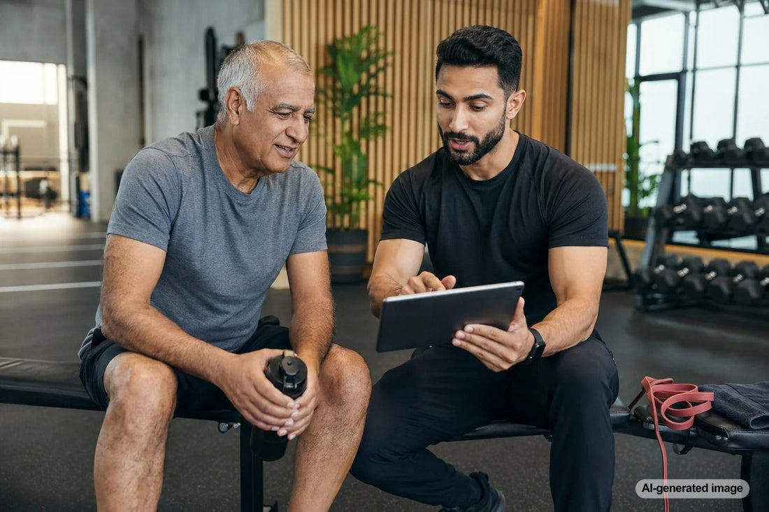 Adult over 50 receiving professional fitness guidance for strength and longevity