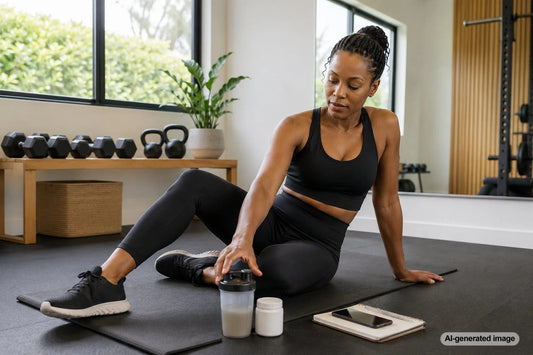 Adult preparing creatine alongside strength-training equipment