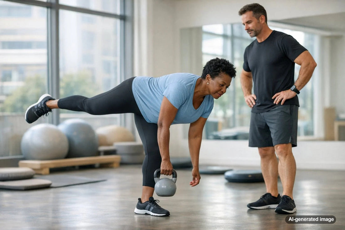 Adult performing a balance and strength exercise for healthy aging