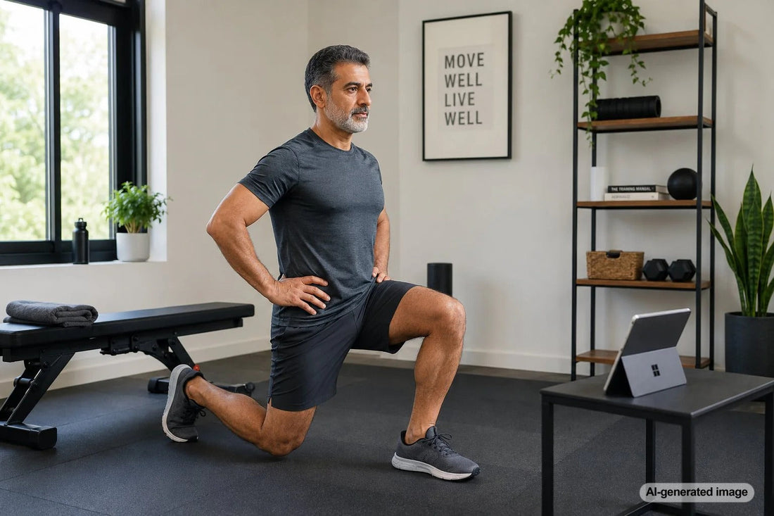 Adult performing a controlled isometric strength hold in a gym