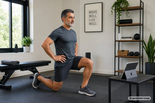 Adult performing a controlled isometric strength hold in a gym