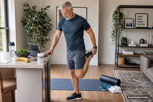 Active adult preparing for exercise with hydration and nutrition nearby