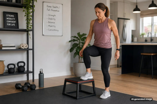 Adult performing a controlled step-down exercise for lower-body strength
