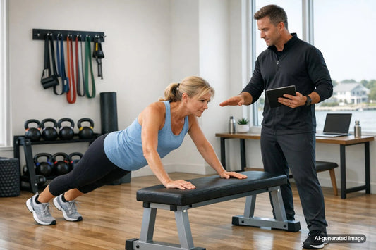 Coach working with an adult client for strength and fitness results in Long Island