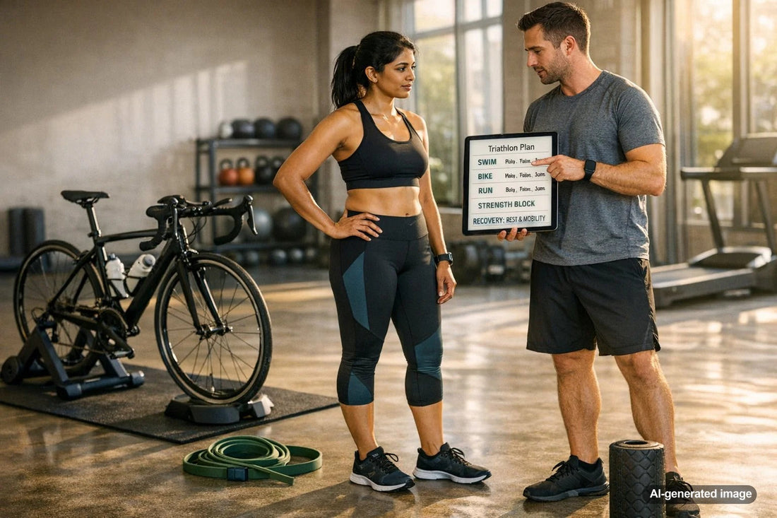 Athlete training across swimming, cycling, and running for a triathlon