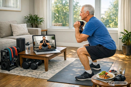 Senior adult following a virtual fitness coaching session from home