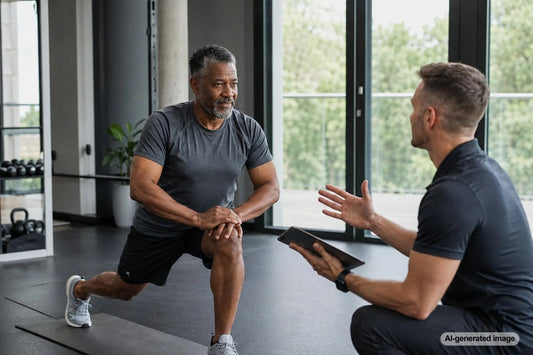 Adult discussing fitness goals with a personal trainer before starting a program