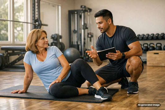 Personal trainer coaching an adult client with attention to movement and exercise form